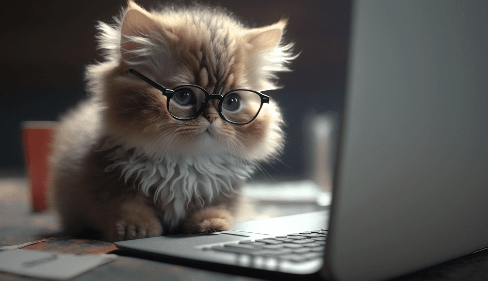 kitten with glasses using a laptop