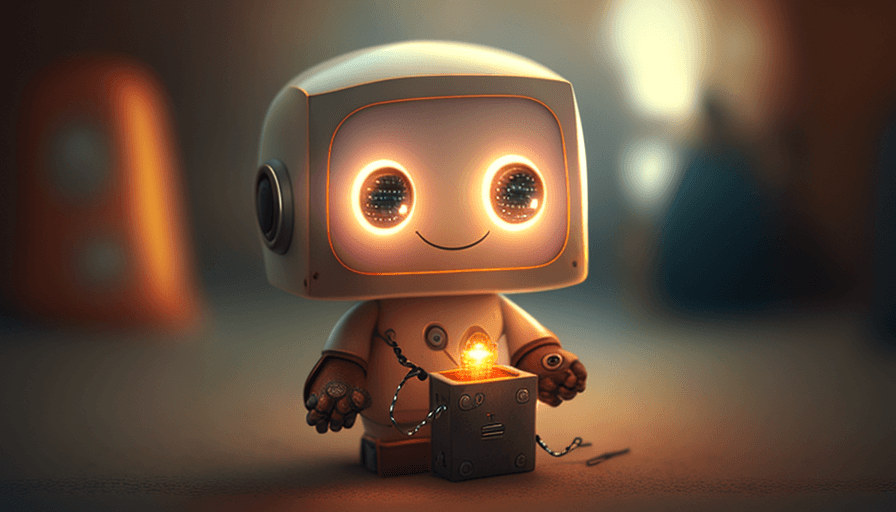 a small cute smiling robot holding a light bulb