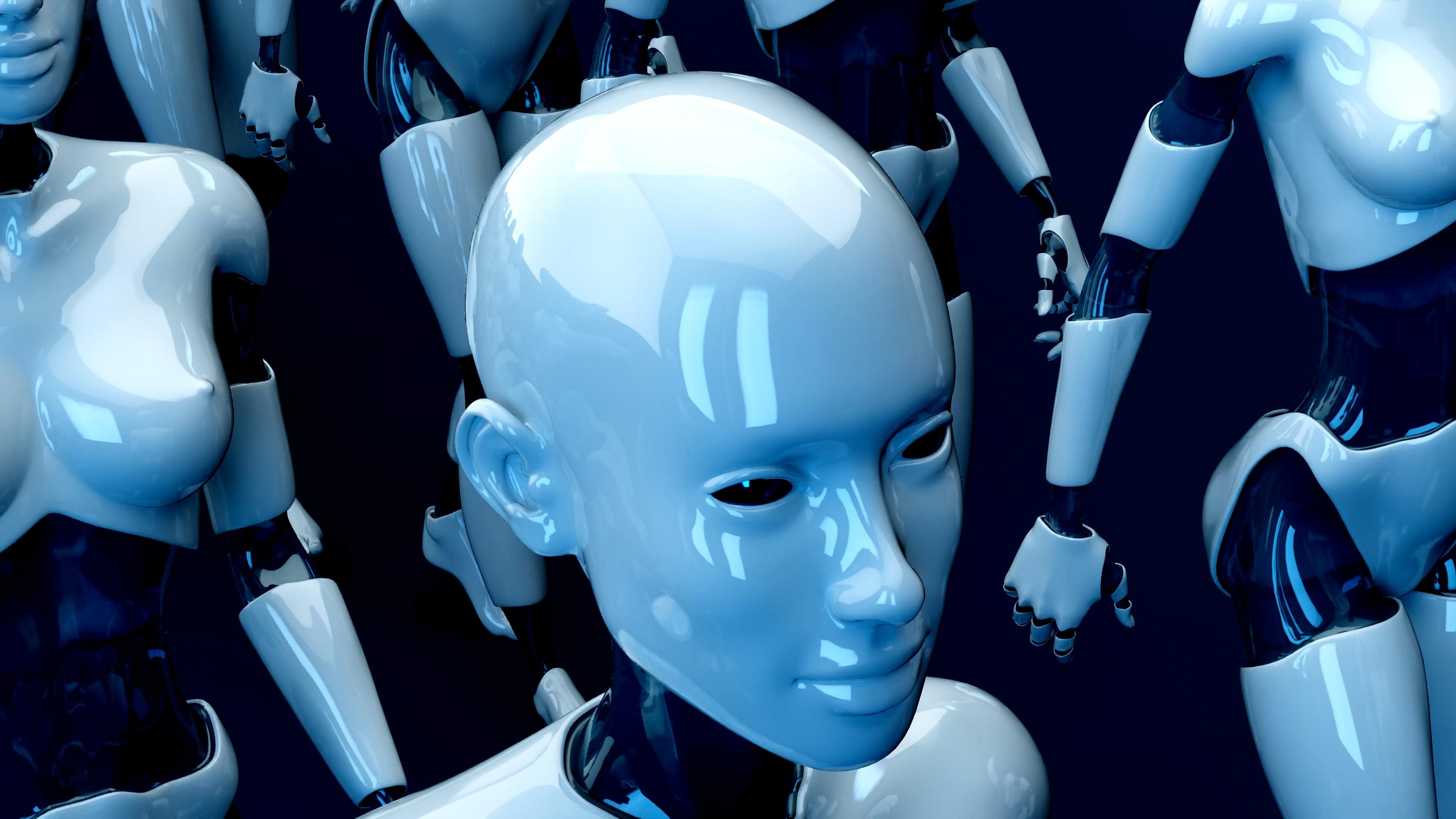 A group of futuristic looking "I, Robot" style robots